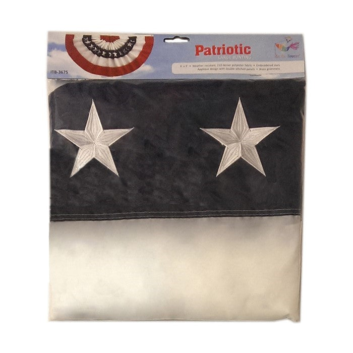 Pleated Fan Patriotic Bunting, 3'x6' featuring red, white, and blue fabric with embroidered stars, displayed outdoors with grommets for hanging.