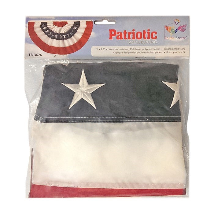 Pleated Fan Patriotic Bunting in red, white, and blue with embroidered stars hanging elegantly from a porch, showcasing Americana spirit.