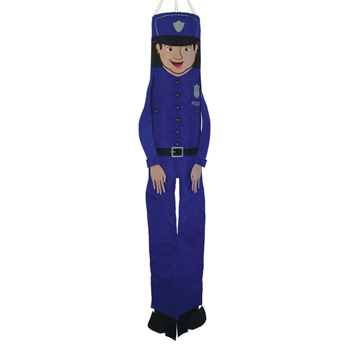Police Officer 40-Inch Breeze Buddy windsock with detailed applique design and free-flowing limbs, hanging outdoors in a garden setting.