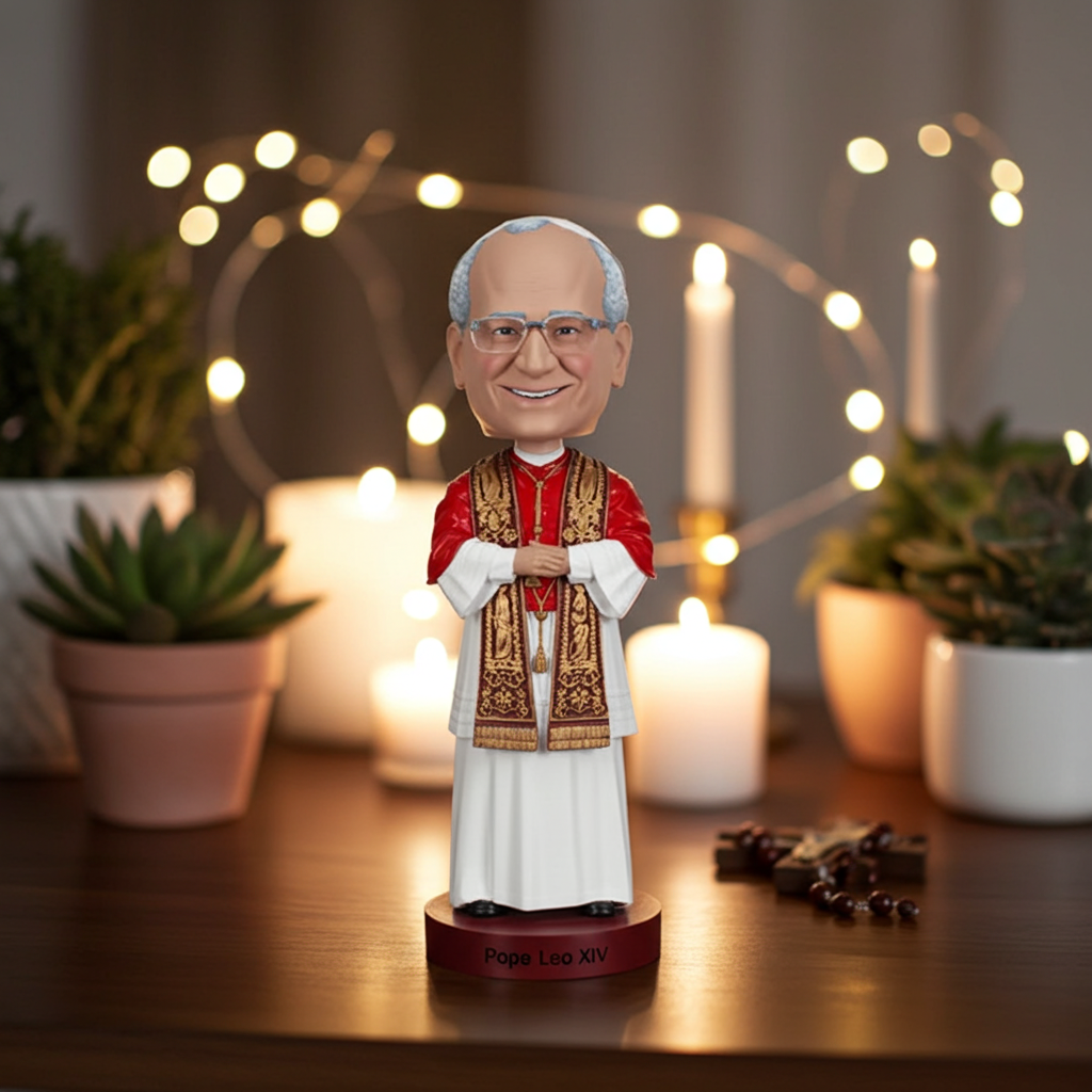 Pope Leo XIV bobblehead, 8 inches tall, showcasing intricate details and hand-painted features, perfect for historical collectors.