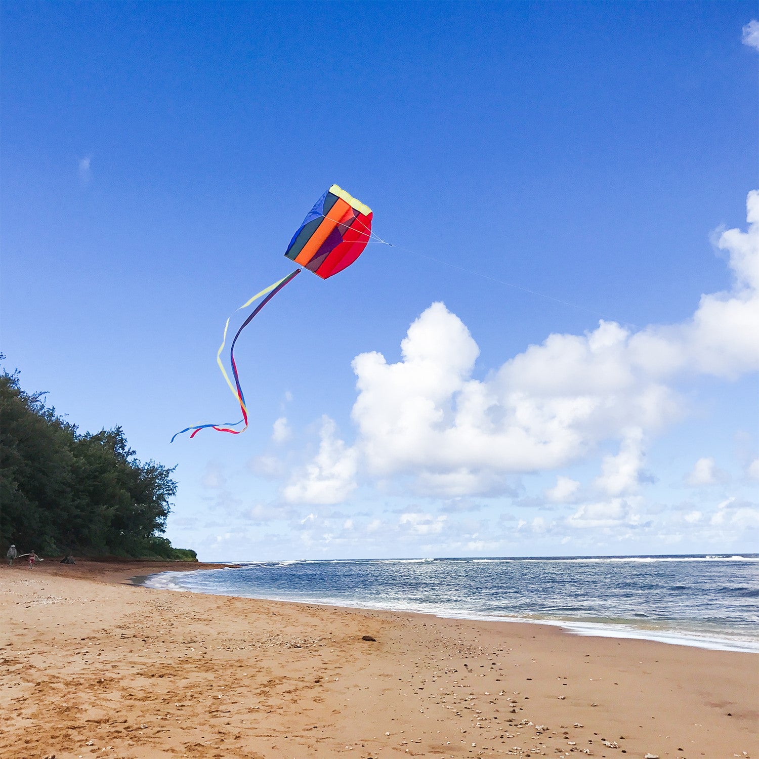 Pouch Parafoil Kite flying majestically in a partly cloudy sky, featuring vibrant rainbow colors and a streamlined design for easy flight.