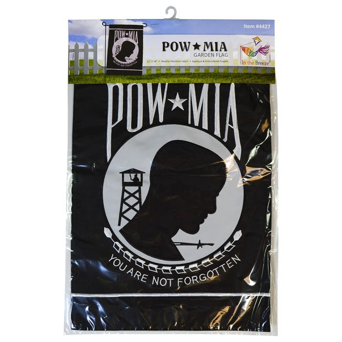 The POW/MIA Garden Flag features a striking "You Are Not Forgotten" motto with detailed applique and respect for military service - shown in vibrant colors.