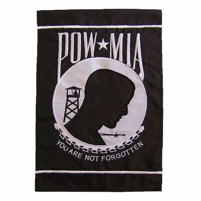 The POW/MIA Garden Flag features a striking "You Are Not Forgotten" motto with detailed applique and respect for military service - shown in vibrant colors.