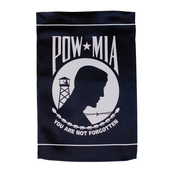 POW/MIA Lustre Garden Flag with a vibrant emblem shown displayed outdoors, beautifully illustrating a tribute to military service members.