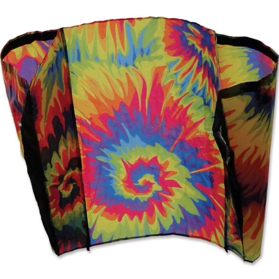 Colorful tie-dye Power Sled 10 Kite flying effortlessly, measuring 36x27 inches, designed for varied wind conditions, showcased against a blue sky.