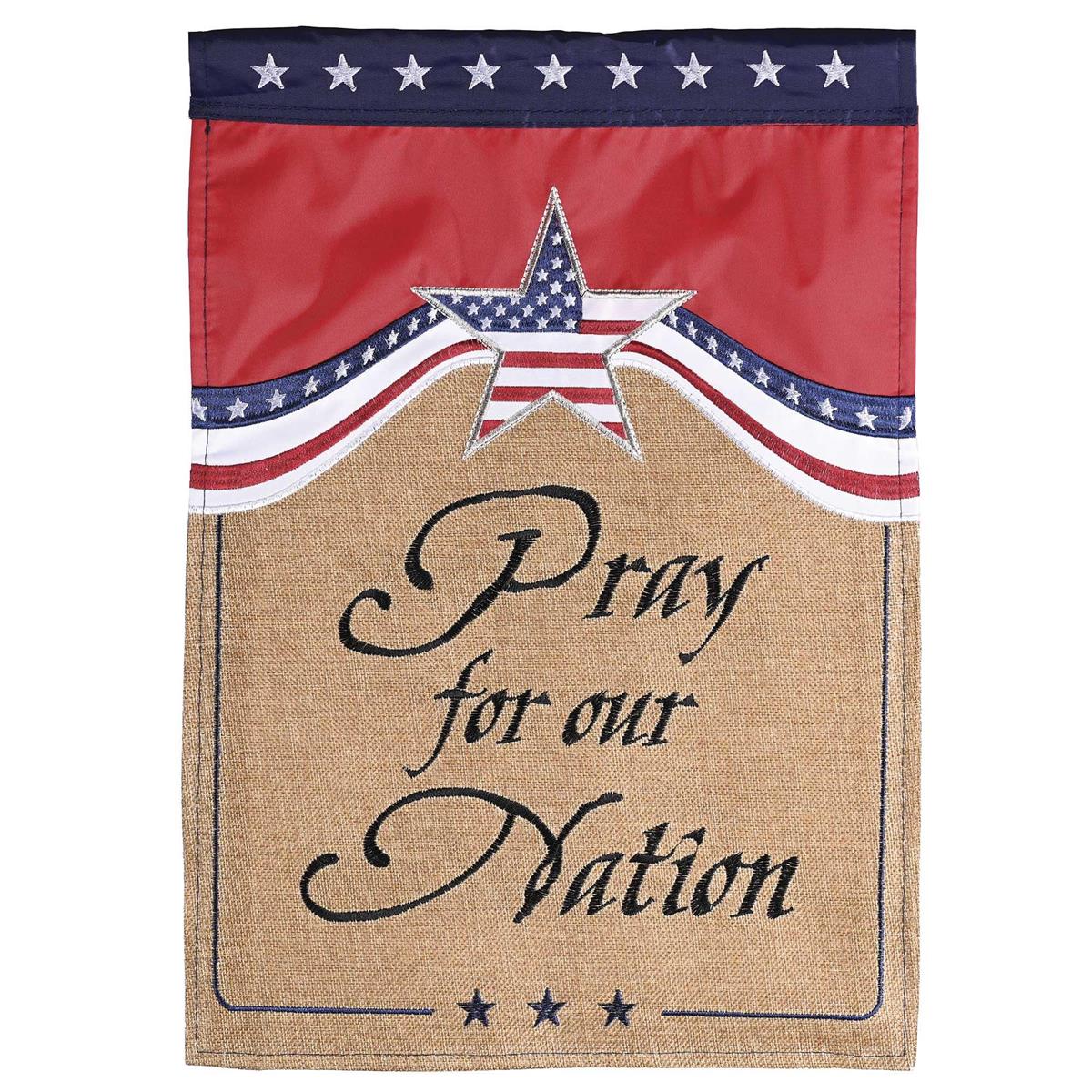 Pray for Our Nation double-sided banner flag featuring fabric appliques and embroidery displayed outdoors, showcasing its quality and design.