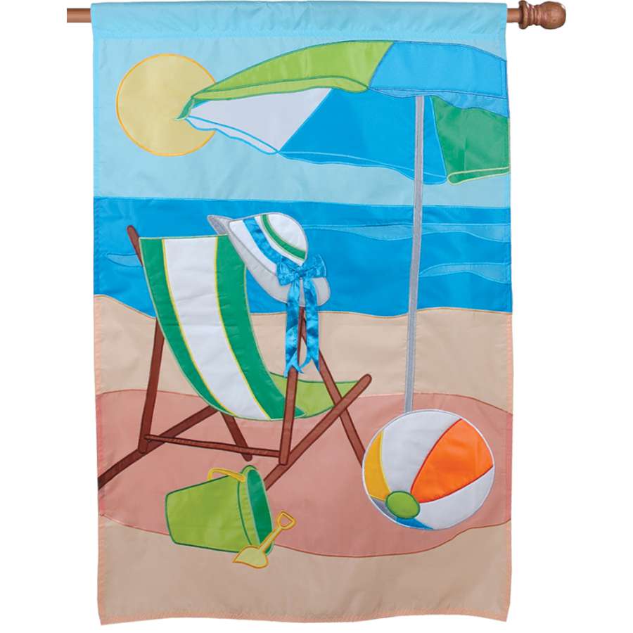 Oversized Prestige Flag - Leisure Moments displayed on a Premier pole, showcasing intricate 3-D designs in a summer garden setting.