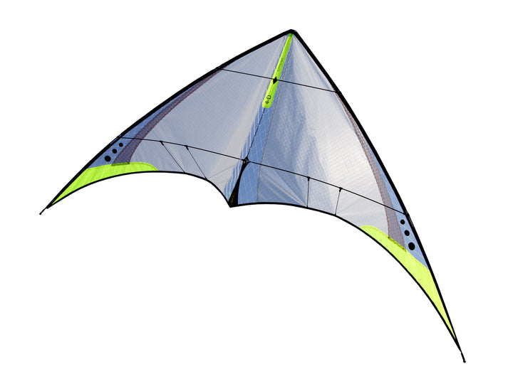 Ultra-light sport kite designed for zero to light wind flying with precise control, balanced freestyle handling, and indoor capability.