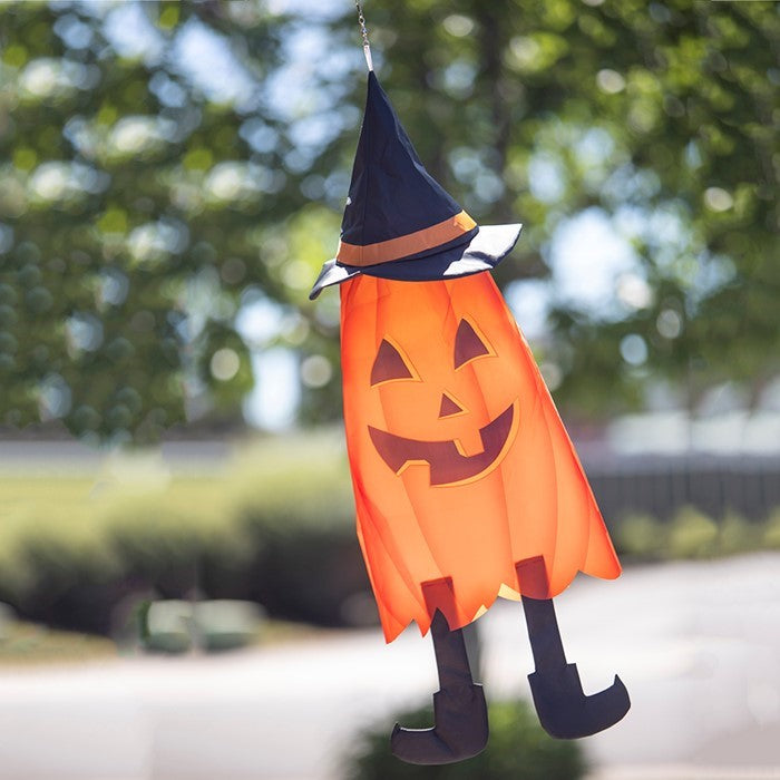 Pumpkin 3D Cone Windsock featuring bright orange design, whimsical hat, and double-sided display hanging outdoors, perfect for Halloween.