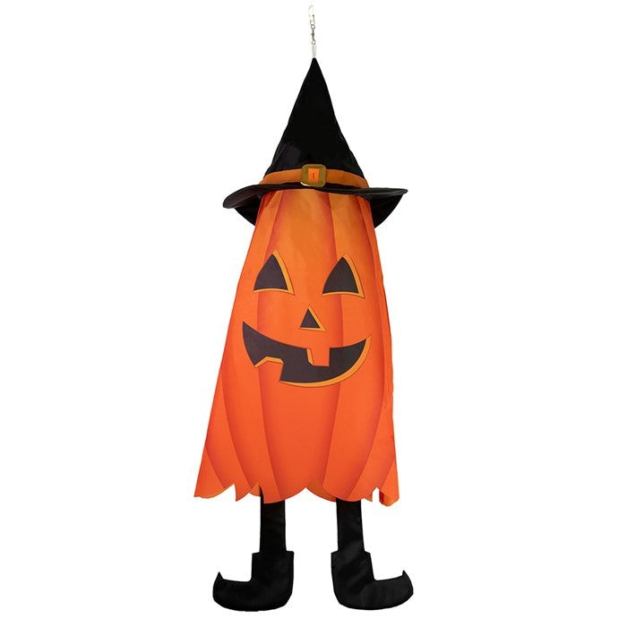 Pumpkin 3D Cone Windsock featuring bright orange design, whimsical hat, and double-sided display hanging outdoors, perfect for Halloween.