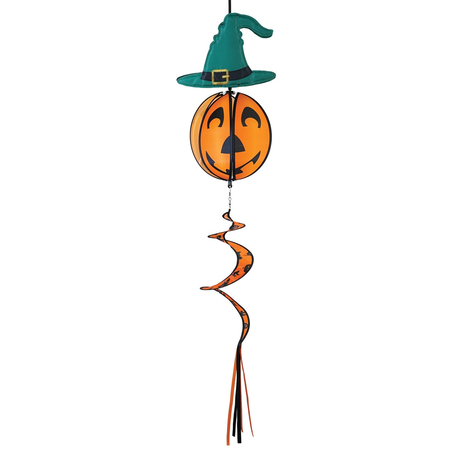 Pumpkin with Hat Hanging Ball Spinner featuring a friendly pumpkin face and colorful hat, spinning in a garden setting during autumn.