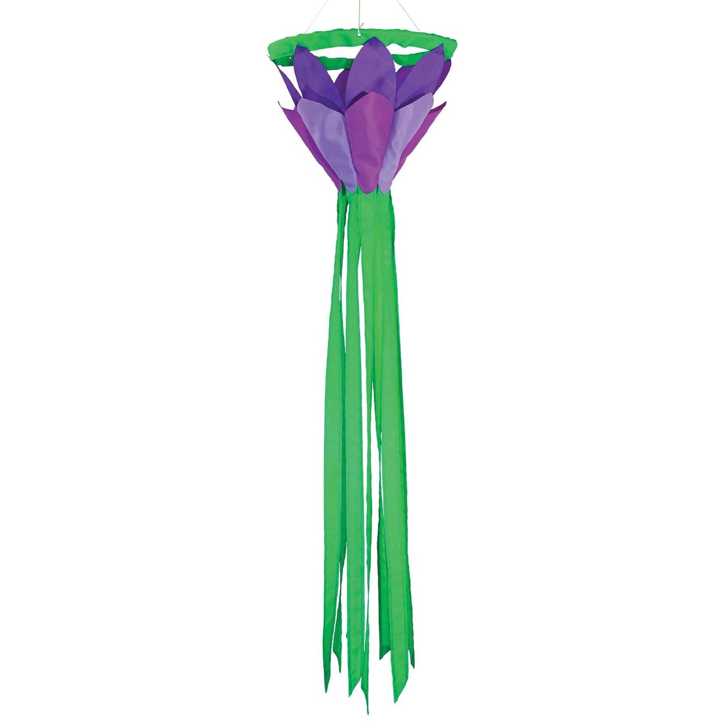 Purple 38 inch lotus flower windsock with bright petals and flowing green tails, elegantly displayed in a garden setting, showcasing its colorful design.