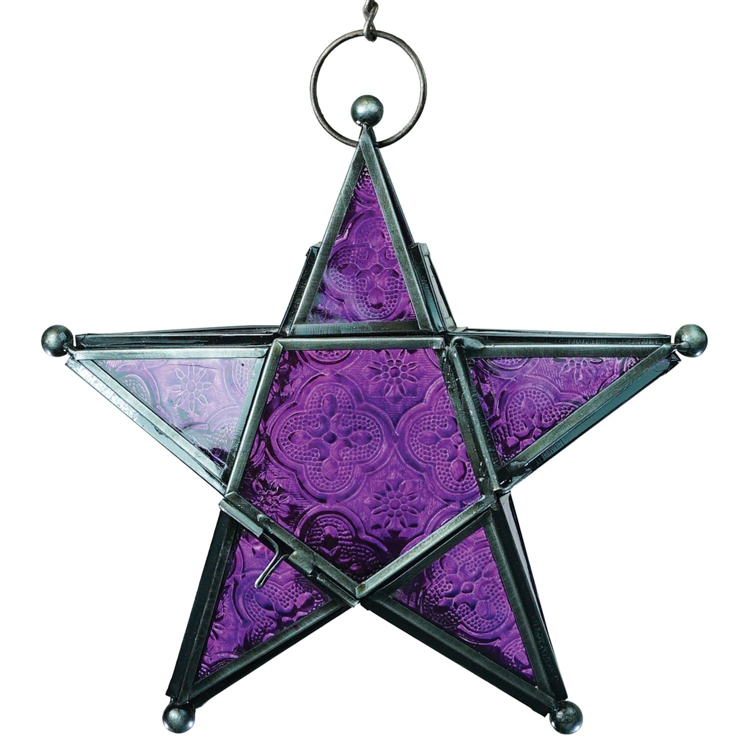 Purple 5-Point Star Hanging Tealight Lantern with intricate glass and metal design, hanging from a chain, creating a warm glow in a cozy setting.