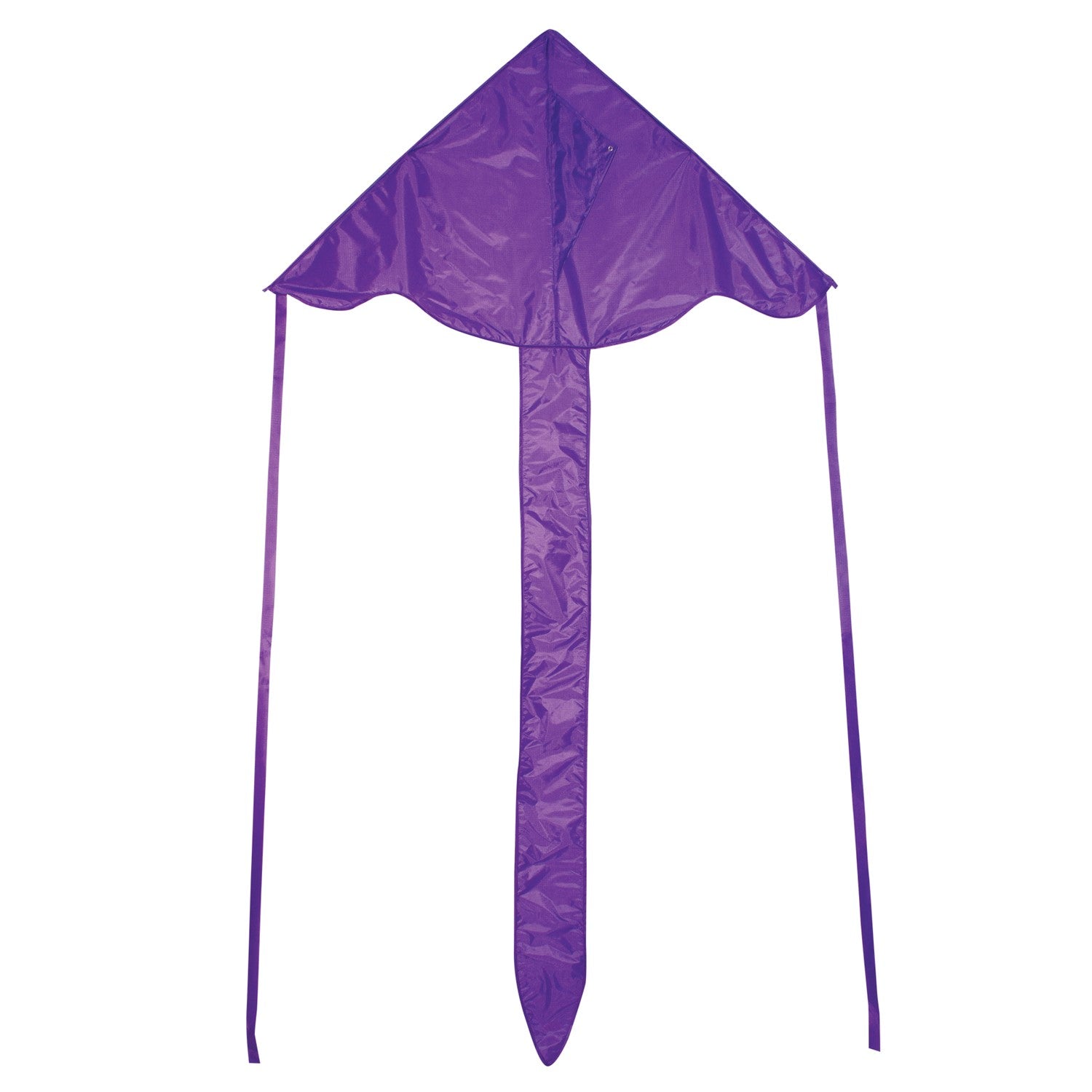 Purple Colorfly 43\" Fly-Hi Kite soaring in the sky, showcasing its solid color design and delta shape, ideal for beginner kite flyers.