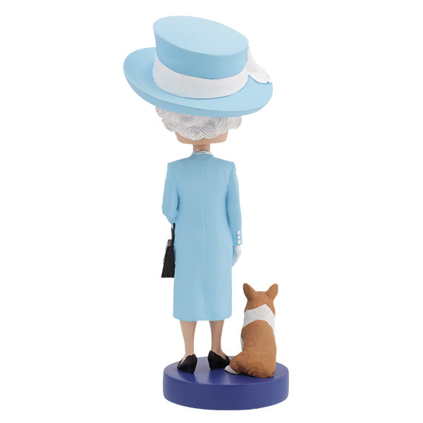 Queen Elizabeth II Bobblehead, 8-inch collectible figure made of polyresin, featuring detailed royal attire and a regal stance on display.