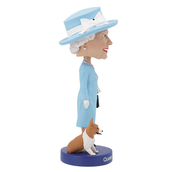 Queen Elizabeth II Bobblehead, 8-inch collectible figure made of polyresin, featuring detailed royal attire and a regal stance on display.