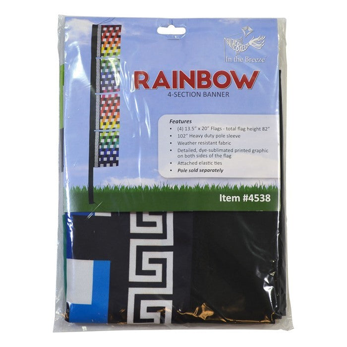 Rainbow 17'' x 82'' 4-Section Feather Banner, featuring colorful designs on outdoor display with a heavy-duty pole sleeve.