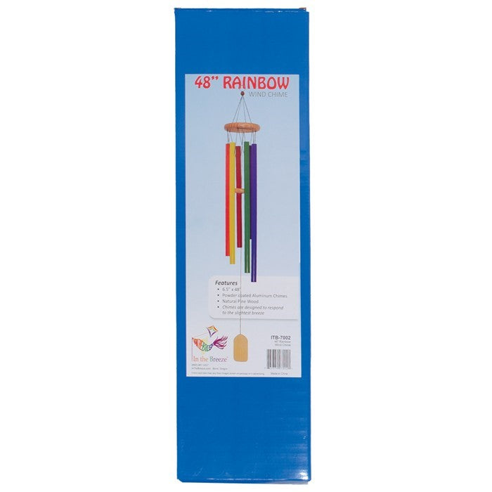 Rainbow 48 inch wind chime featuring six colorful aluminum chimes and natural wood components displayed outdoors, gently swaying in the breeze.