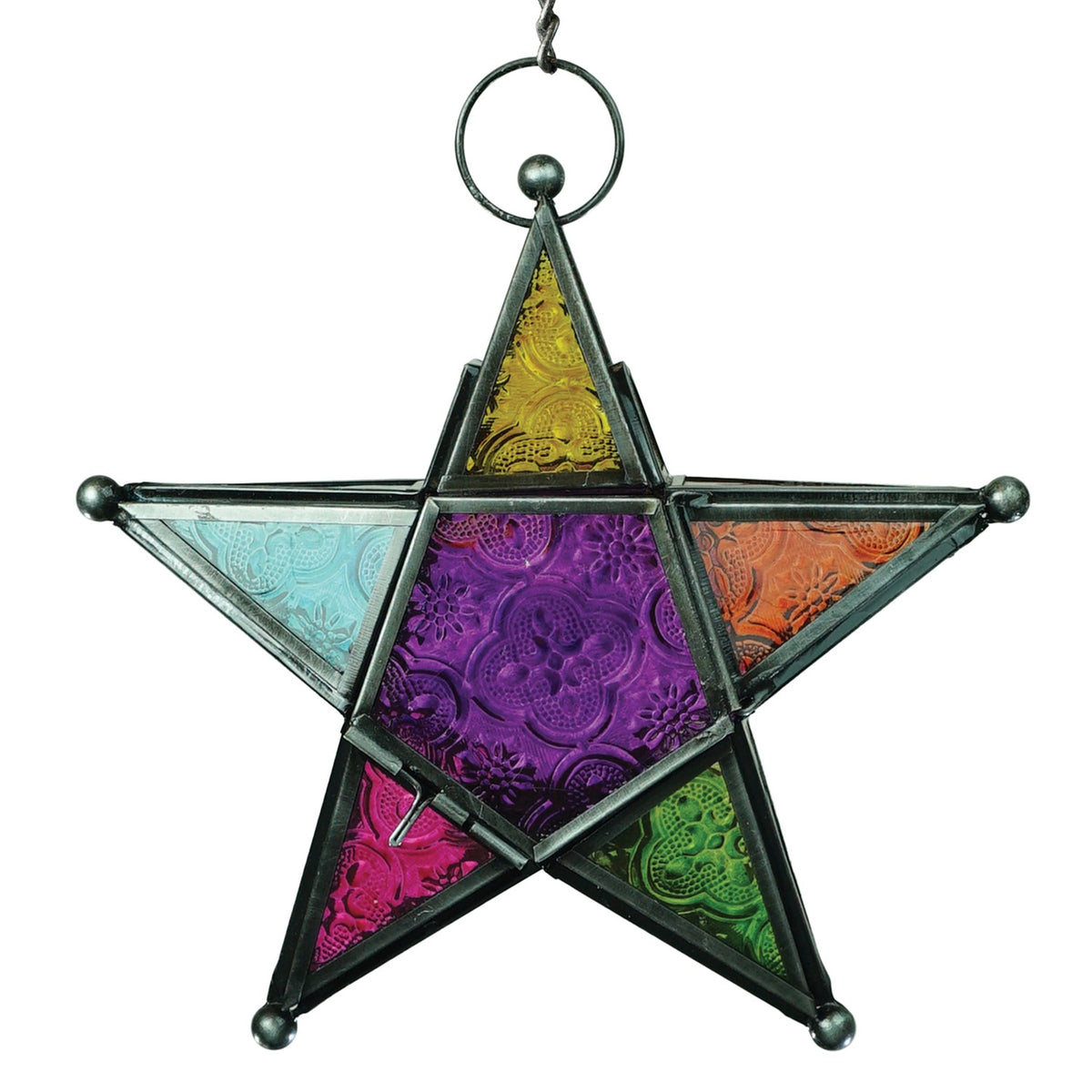 Rainbow 5-Point Star Hanging Tealight Lantern with multicolored glass panels and metal frame, displayed outdoors, radiating warm light from a tealight candle.