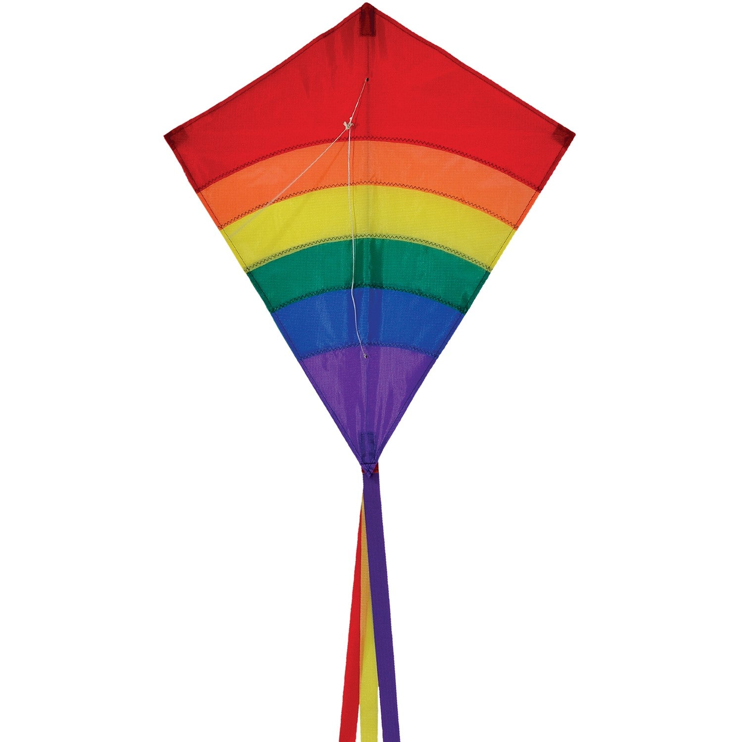 Rainbow Arch 27-Inch Diamond Kite displaying colorful arcs in the sky, ready for flying on a bright day outdoors.