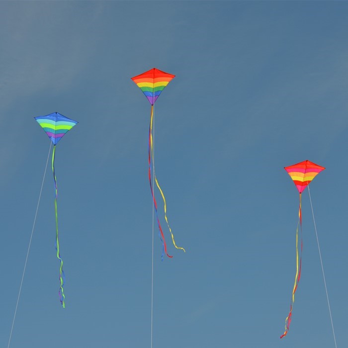 Rainbow Arch 39-Inch Diamond Kite in vibrant colors, featuring long fabric tails, soaring against a bright blue sky on a sunny day.