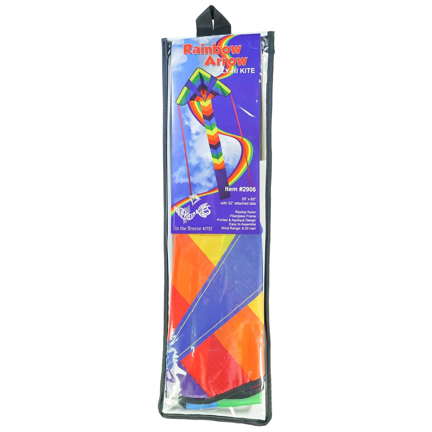 Rainbow Arrow Fly-Hi Kite soaring high in the sky, displaying colorful streamer tails, perfect for outdoor family fun.