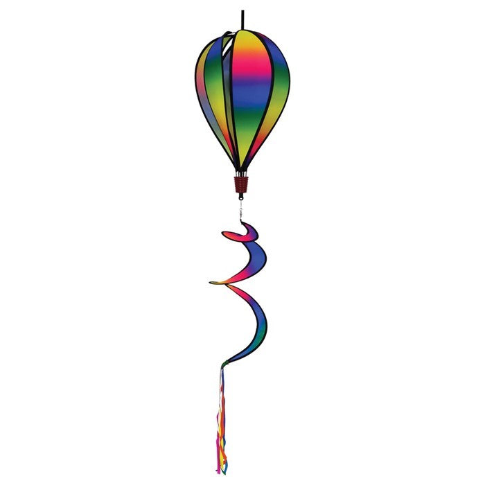 Rainbow Blended Hot Air Balloon with blended colorful panels, twister tail, and clear plastic accents displayed in an outdoor setting.