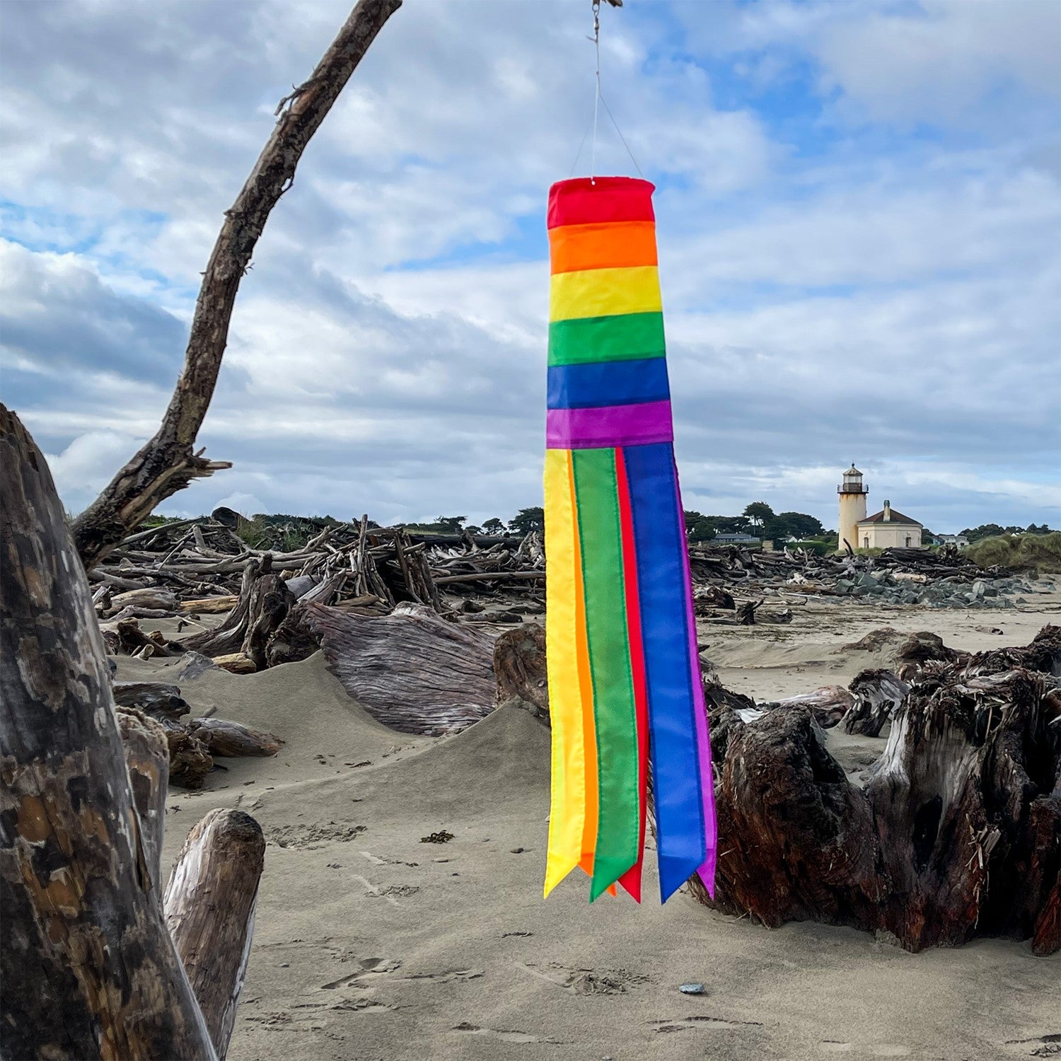 Rainbow Column 24" Windsock featuring vibrant colors and six coordinated tails, displayed outdoors in a garden setting.