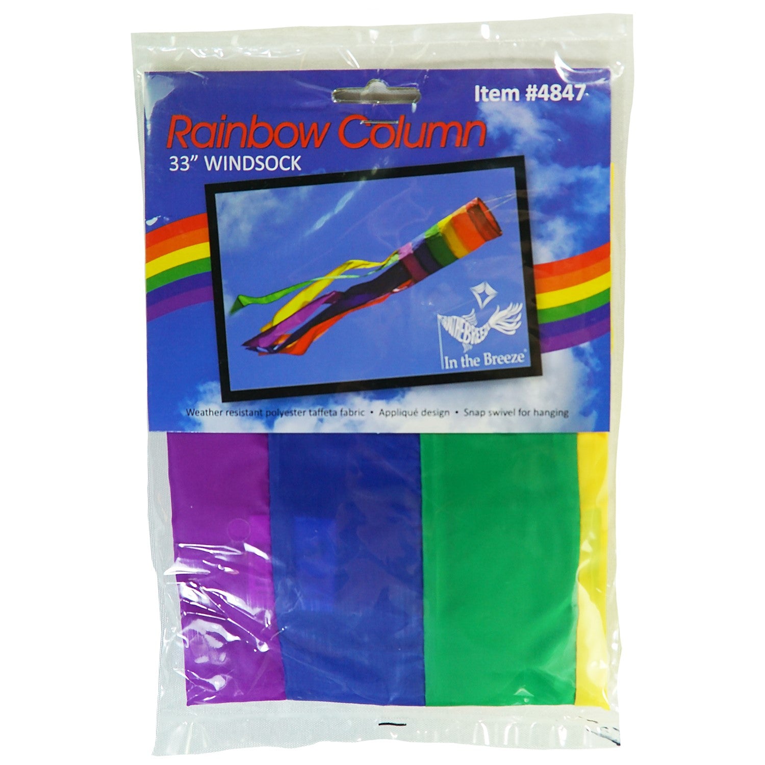Rainbow Column 33" Windsock featuring vibrant colors and long tails dancing in the breeze, ideal for adding a joyful touch to any outdoor setting.