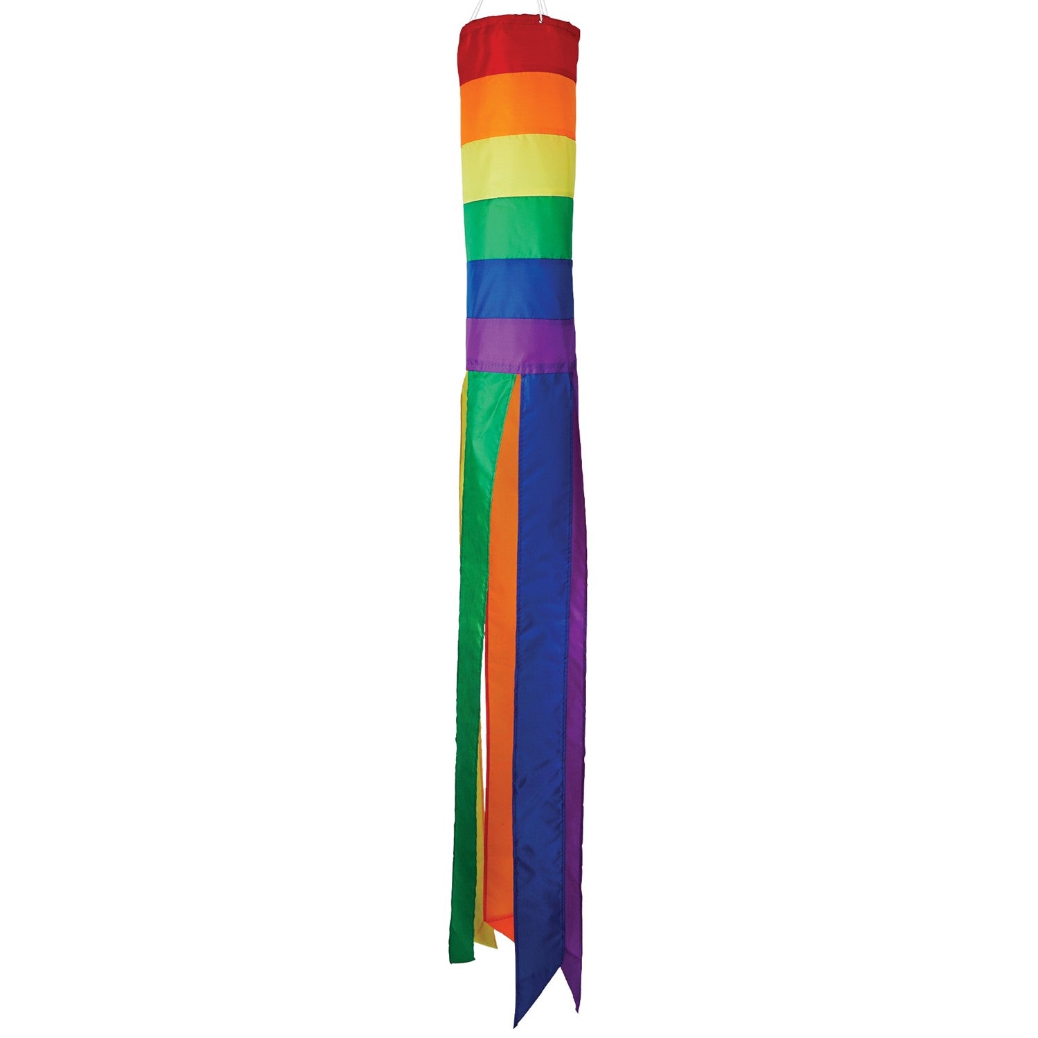 Rainbow Column 50" windsock featuring vibrant rainbow hues and six matching tails, displayed elegantly in a garden setting.
