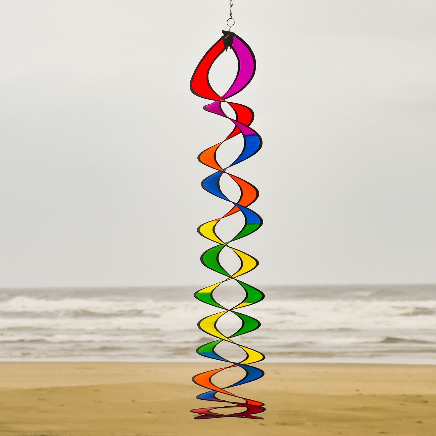 Vibrant Rainbow Curlie Duet hanging twister made from weather-resistant fabric, featuring a double helix design that spins gracefully with the wind.