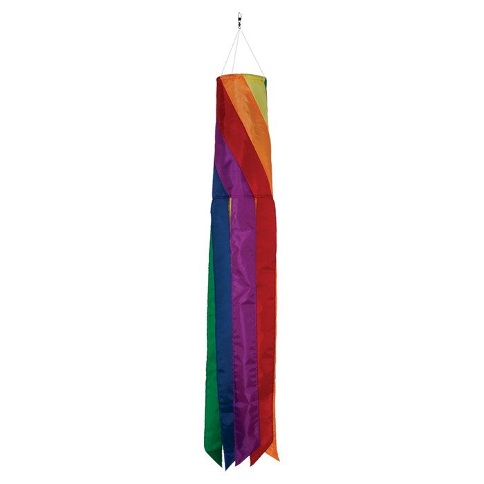 Rainbow Diagonal 33" Windsock showcasing vibrant rainbow colors swaying in the breeze, designed for outdoor garden decor.