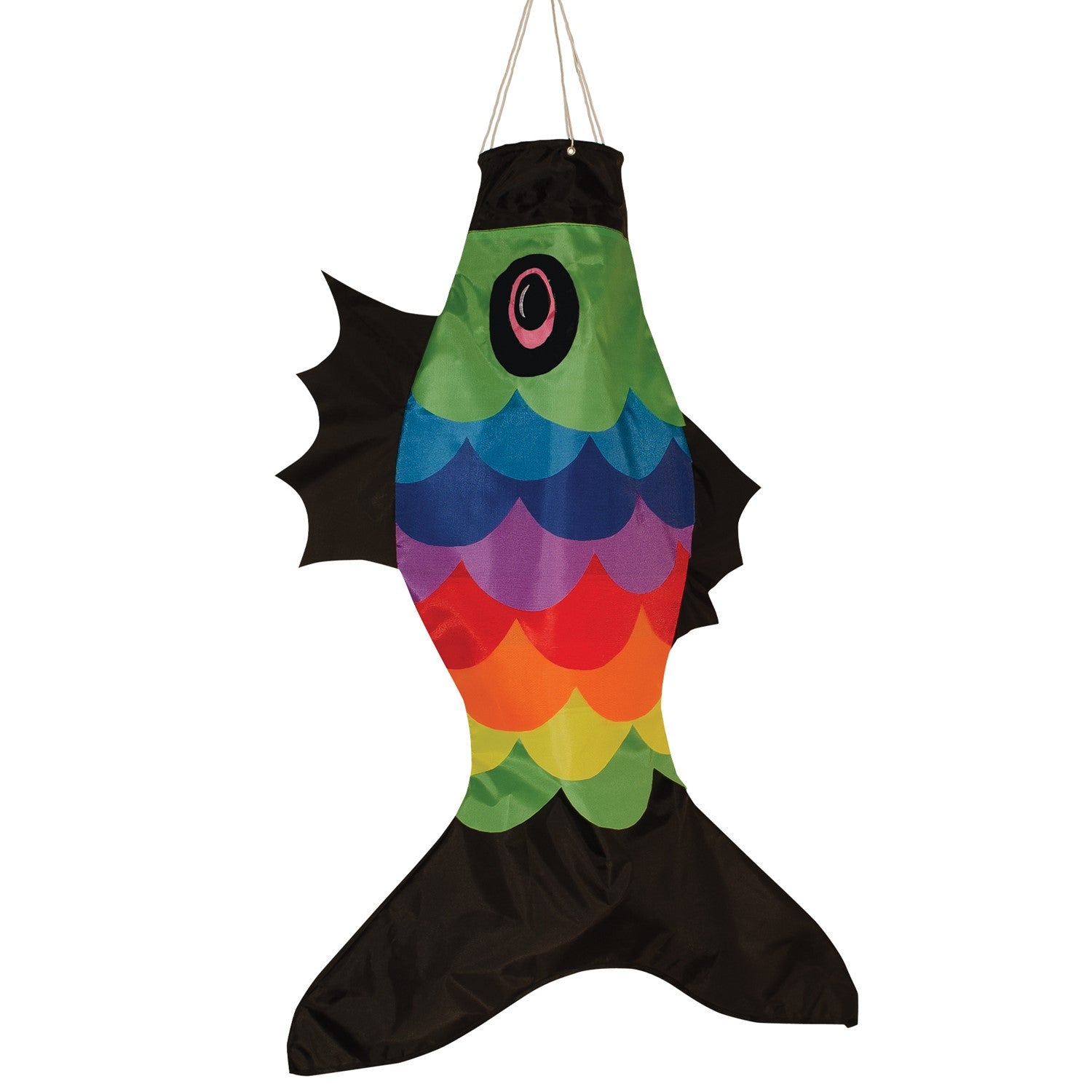 36-inch Rainbow Overlay Fish windsock featuring colorful embroidered scales displayed outdoors, fluttering in the breeze.