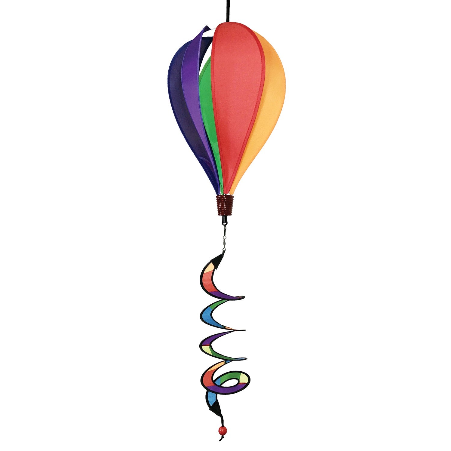 Rainbow-Panel Hot Air Balloon spinner measuring 26 inches with a vibrant rainbow design, beautifully displayed in an outdoor garden setting.