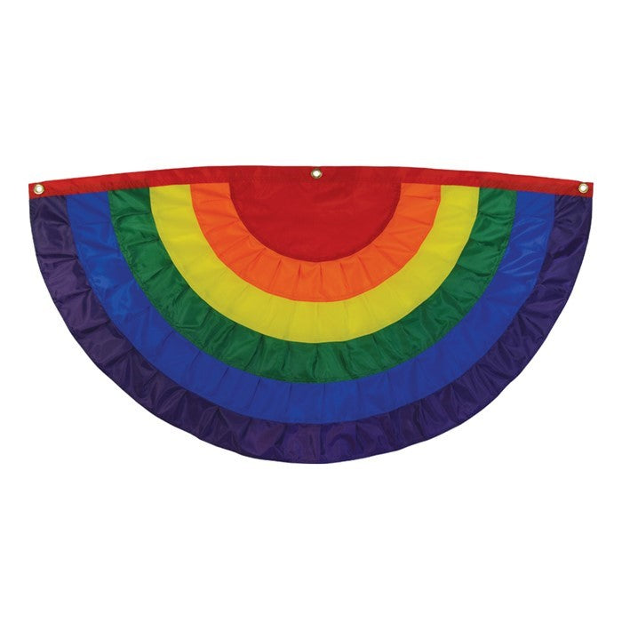 Rainbow Ruffle Bunting with pleated colorful panels displayed outdoors, featuring sturdy brass grommets on a heavy-duty fabric header.