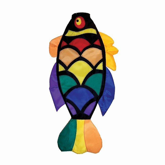 Rainbow Scales 32' Fishsock featuring vibrant tropical fish design, showcased hanging in a garden with a colorful background.