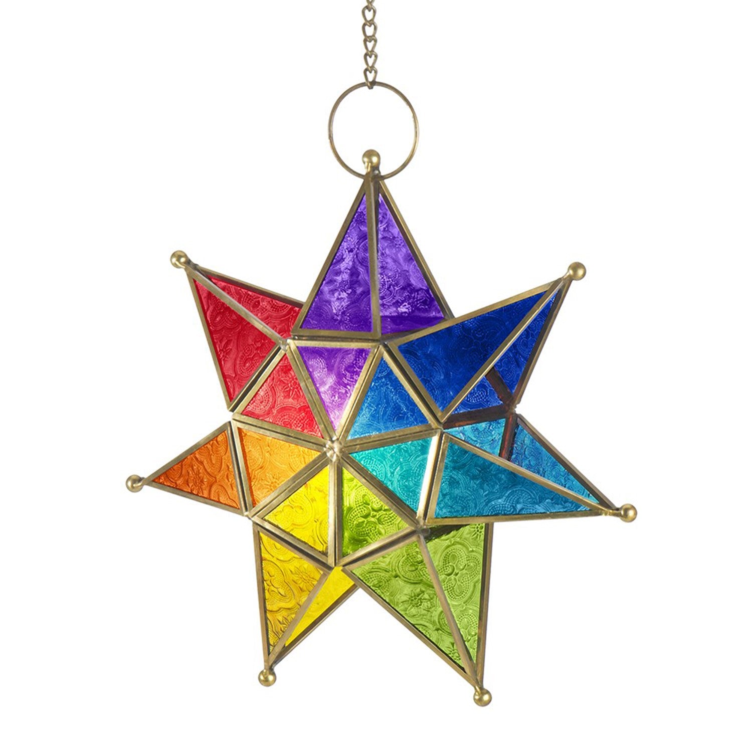 Vibrant Rainbow Seven Point Star Tealight Lantern hanging outdoors, showcasing intricate glass panels and golden metal framing.
