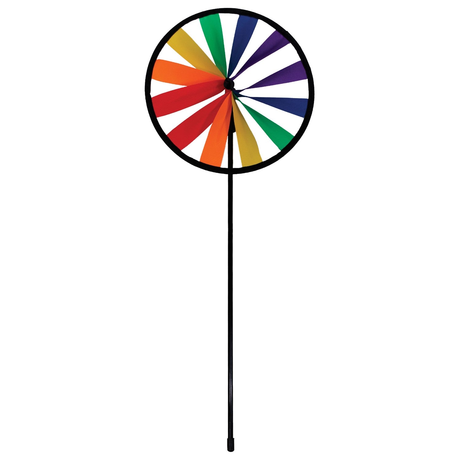 Rainbow Single Wheel Spinner with bright colors spinning in a garden, showcasing its vibrant 8-inch design mounted on a sturdy fiberglass stem.