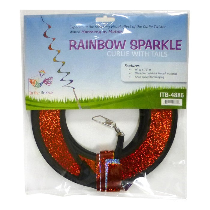 Rainbow Sparkle Curlie outdoor garden decor with vibrant colors, 48 inches long, swaying in the wind against a sunny background.