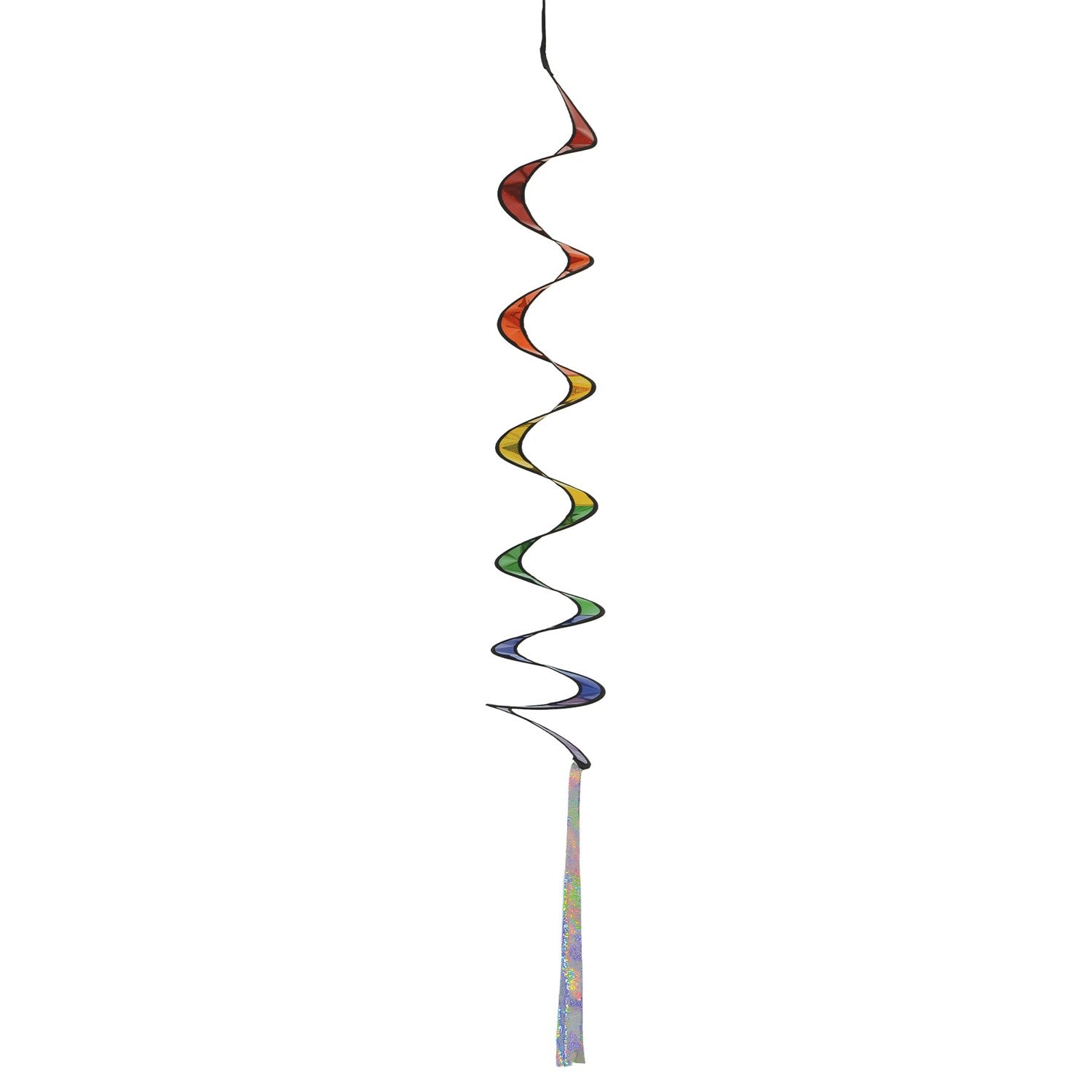 Rainbow Sparkle Curlie outdoor garden decor with vibrant colors, 48 inches long, swaying in the wind against a sunny background.