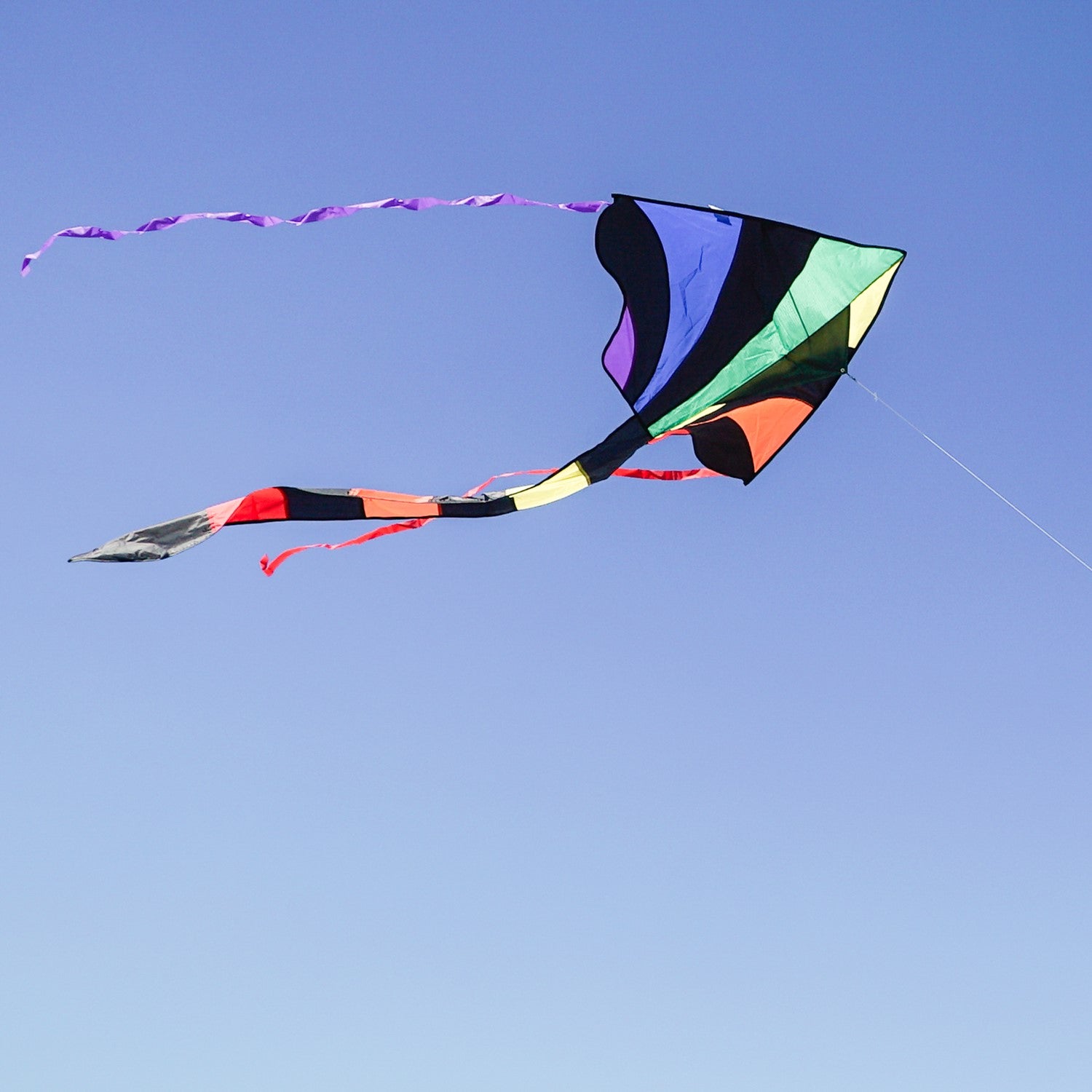 Capture the excitement of flying the Rainbow Sparkler Fly-Hi Kite, a vibrant and colorful kite designed for family fun and outdoor play, soaring against the sky.