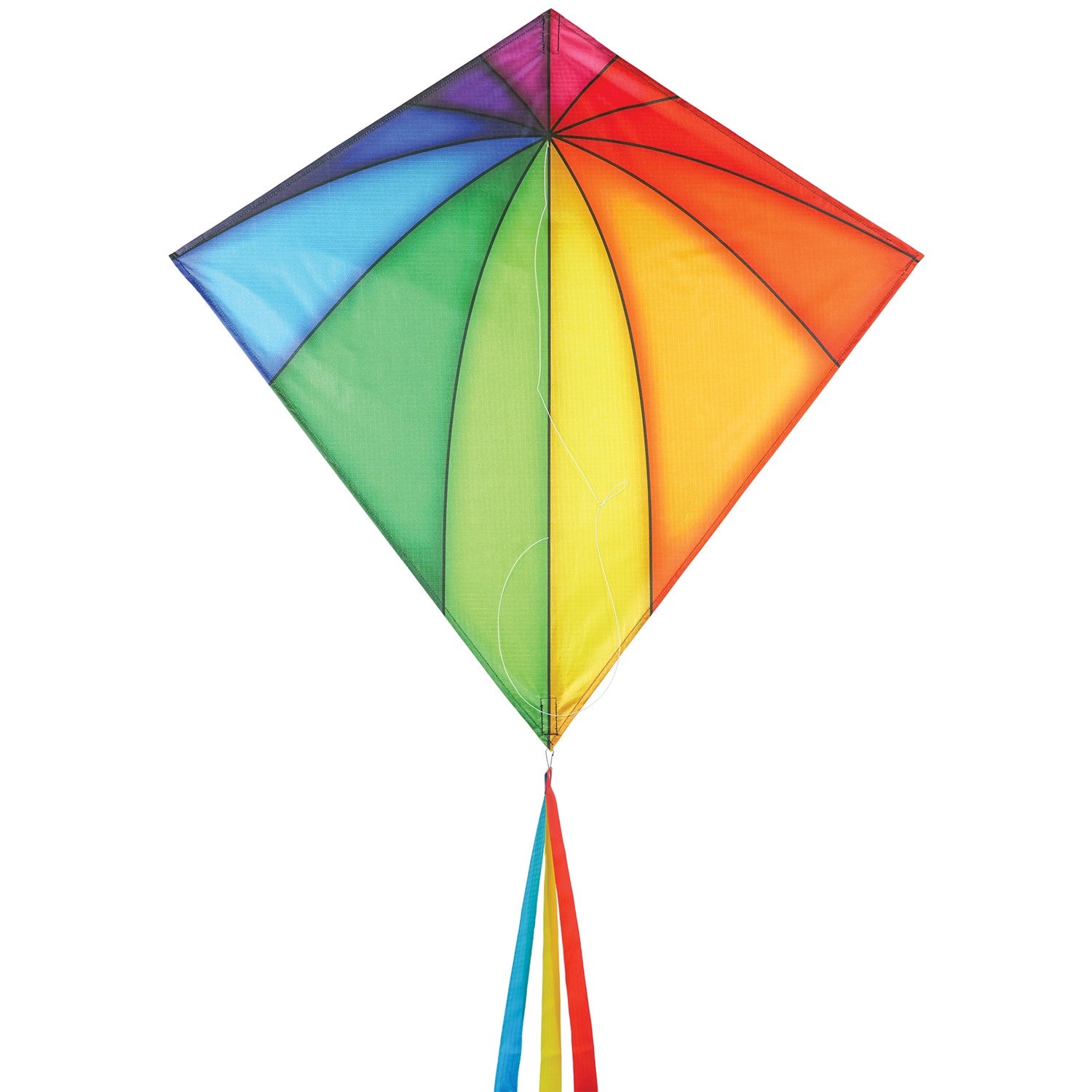 Colorful Rainbow Stained Glass 30-inch Diamond Kite flying against a blue sky, showcasing its vibrant stained glass patterns and attached tails.