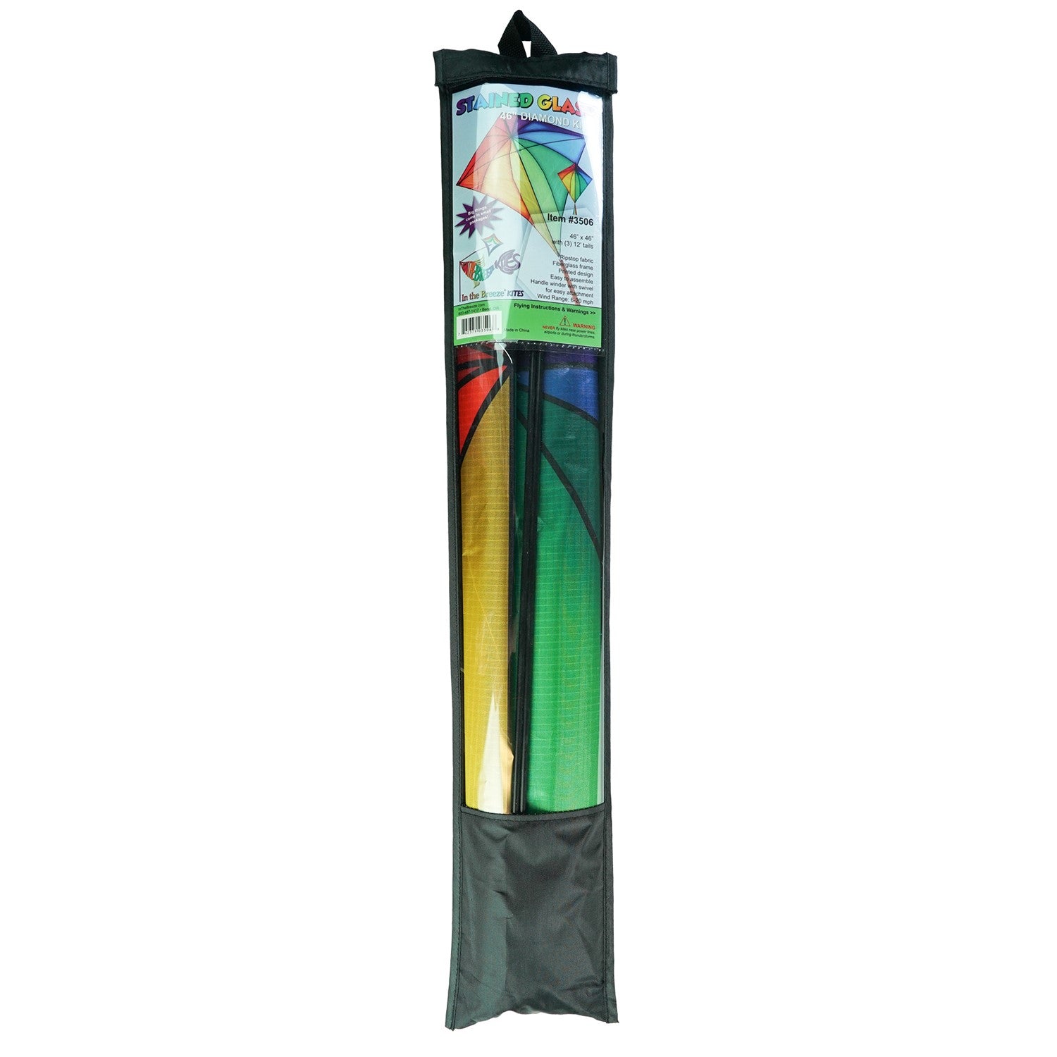 Rainbow Stained Glass 46" Diamond Kite soaring against a blue sky, showcasing vibrant colors and long, flowing tails during flight.