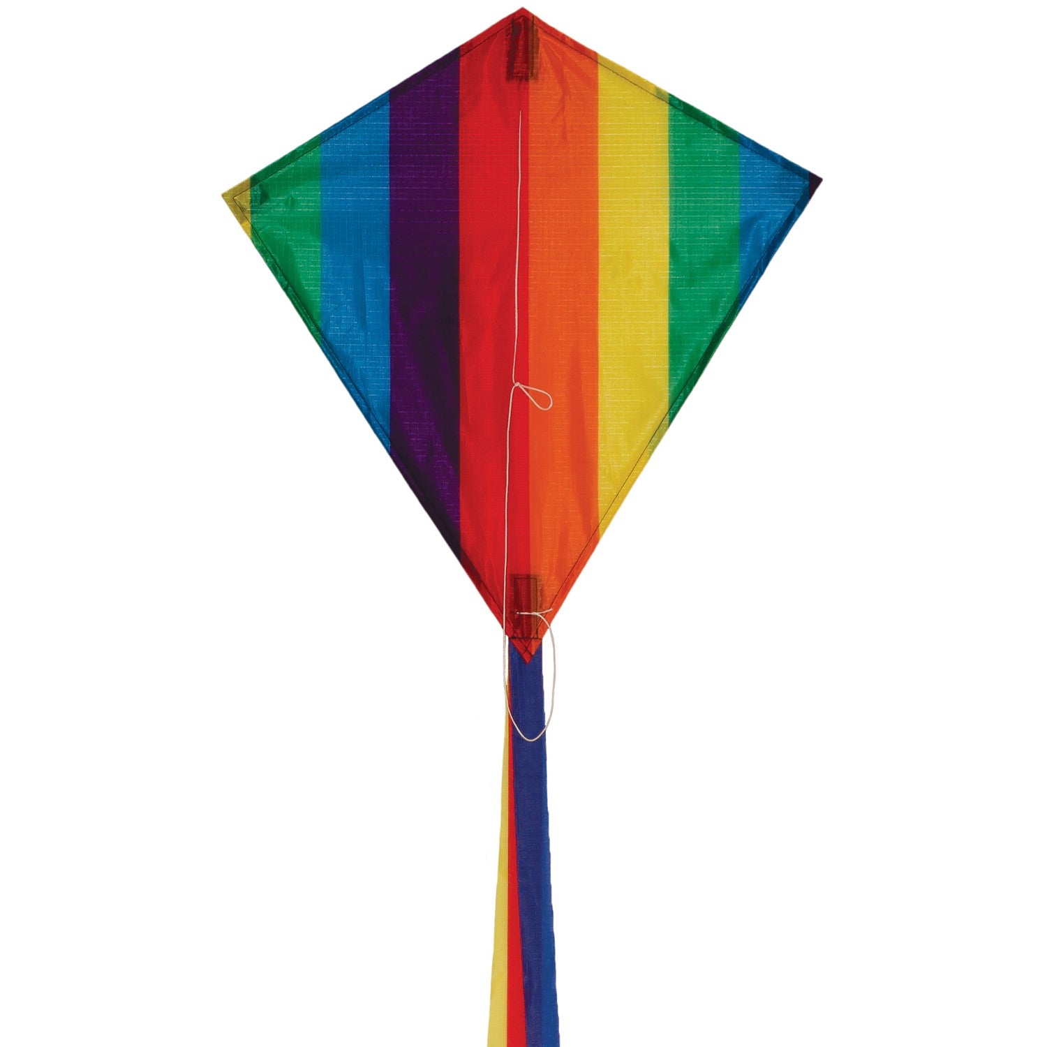 Rainbow Stripe 18" Diamond Kite flying high against a blue sky with colorful tails trailing behind, showcasing its vibrant spectrum design and classic shape.