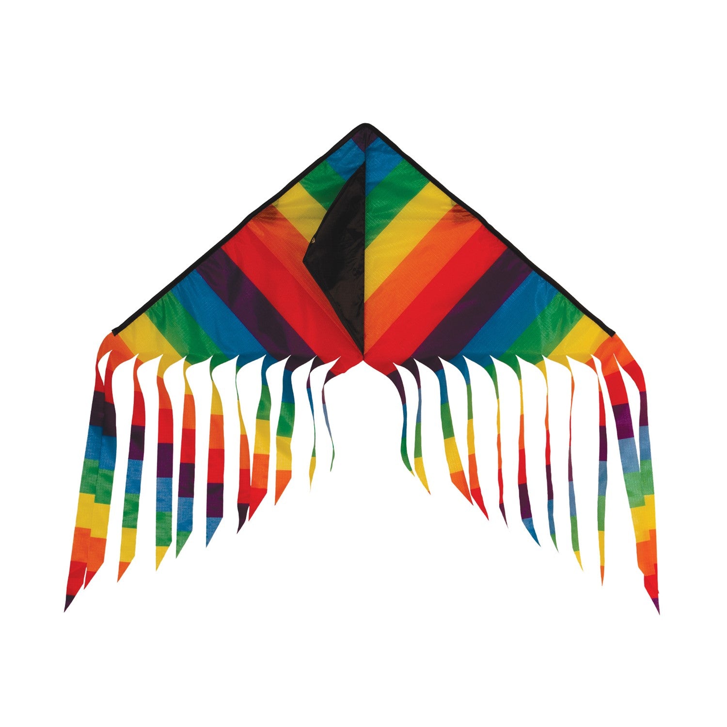 Rainbow Stripe 32' Flutterfly Delta Kite soaring high in the sky, showcasing vibrant colors and fluttering tails against a blue backdrop.
