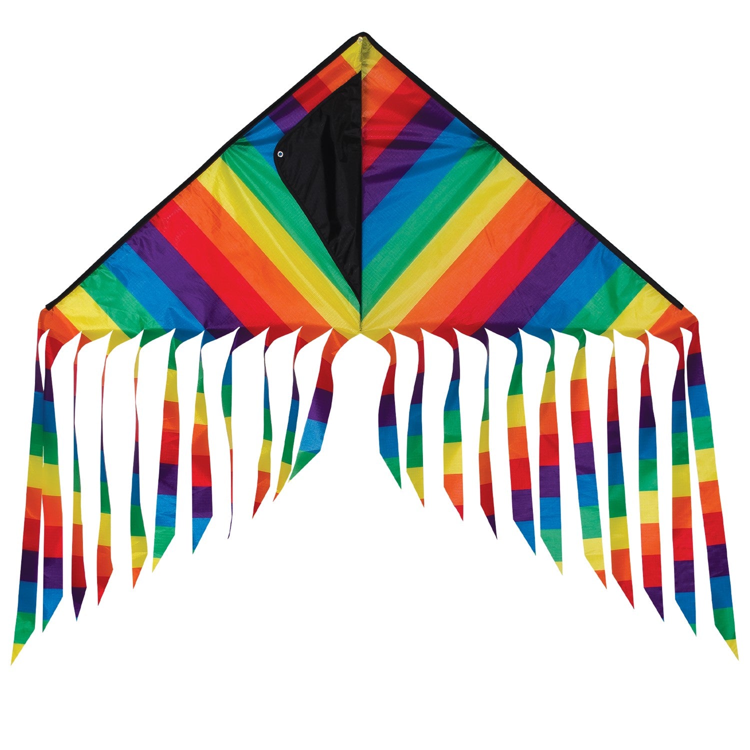 Rainbow Stripe 43" Flutterfly Delta kite soaring in the sky with colorful fluttering tails, perfect for outdoor fun and family activities.