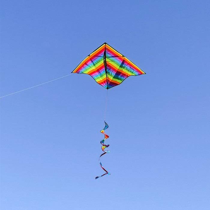 Rainbow Stripe 72'' Delta kite with colorful spinning tail flying in a blue sky above a park setting, showcasing its vibrant design and construction.