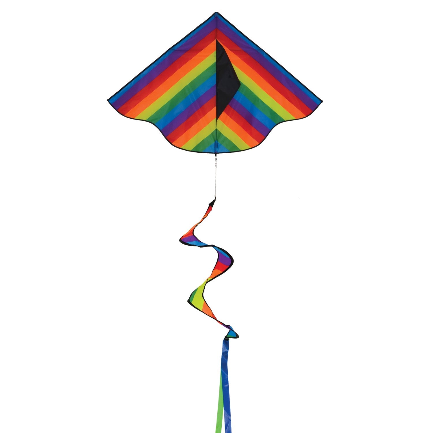 Rainbow Stripe Delta kite with a curlie spinning tail flying against a clear blue sky and green grass backdrop, showcasing its vibrant colors.