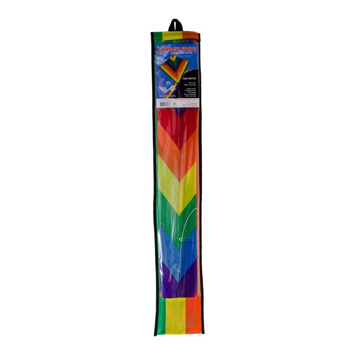 Rainbow Stripe 30 inch diamond kite featuring vibrant rainbow colors and three colorful tails, ready to fly in an outdoor setting.