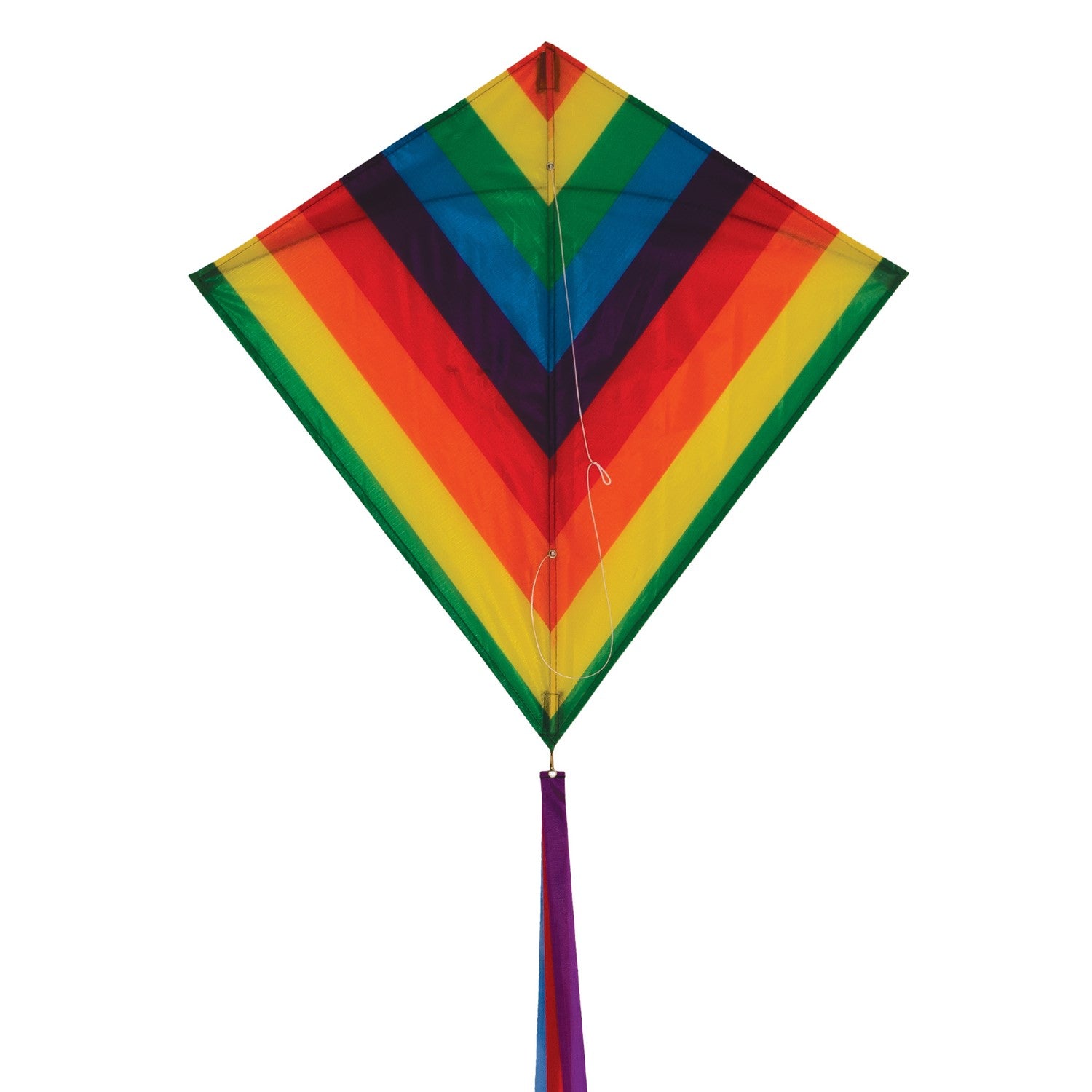 Rainbow Stripe 30 inch diamond kite featuring vibrant rainbow colors and three colorful tails, ready to fly in an outdoor setting.